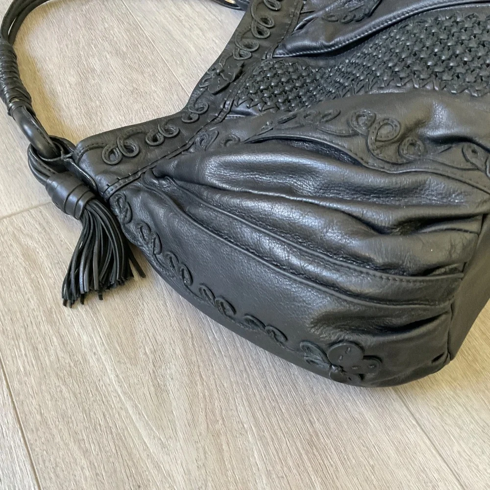 LOCKHEART Rare Black Leather Bag Floral Details